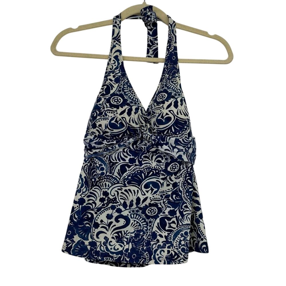 Lauren Ralph Lauren Blue & White Floral Print Halter Tankini Swimsuit Top 10